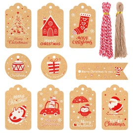 100pcs Christmas Label Gift Tags, Recyclable Kraft Paper Tags with Cotton & Twine String for Xmas Gifts Wrapping and Christmas Tree Decoration