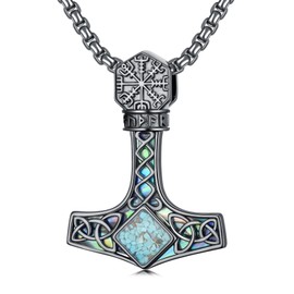 Suiknsn Thors Hammer Necklace for Men 925 Sterling Silver Abalone Turquoise Viking Pendant Norse Pagan Jewelry Nordic Gifts Native American Necklace for Father Mom