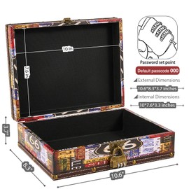 KOGLAR Wood and Leather Treasure Chest Box with Lid and Lock - 10.6"×8.3"×3.7" Small Decorative Wooden Jewelry Keepsakes Storage Box for Birthday Travel Letter Home Decor Gift - Route 66 Pattern