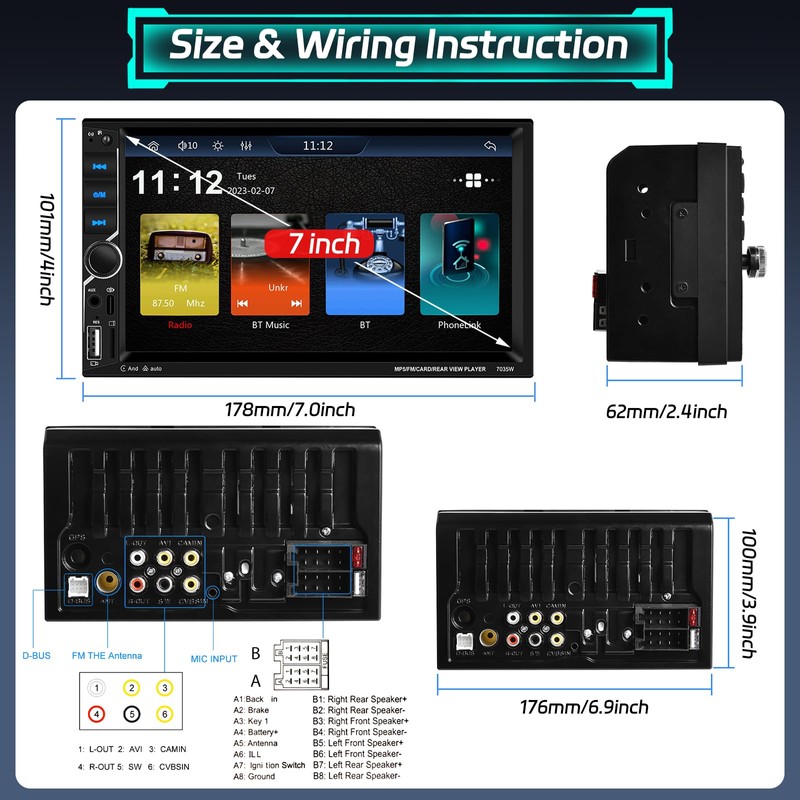 Motoris 7" Car Stereo with Wireless CarPlay & Android Auto,