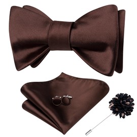 Dubulle Mens Bowtie Dark Brown Self Tie Bow Ties and Lapel Pin for Men Solid Handkerchief Cufflinks Set Wedding