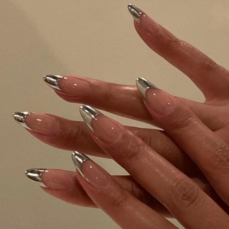 Uñas Francesas Plateadas, Uñas Almendradas Medianas, Uñas Francesas Adhesivas Para