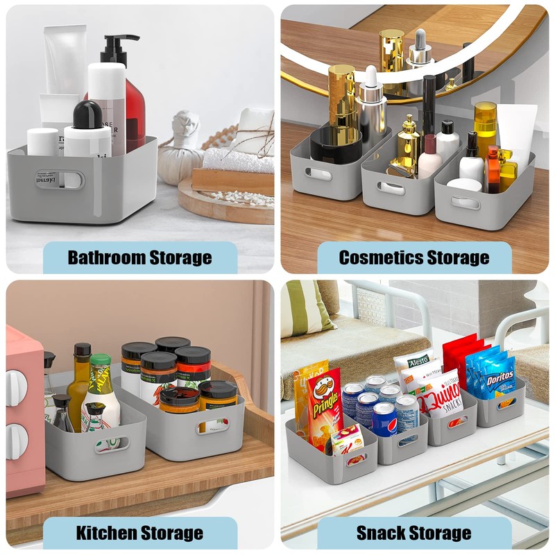 5 PCS Grey Plastic Storage Baskets with Handle, Rectangular Kitchen