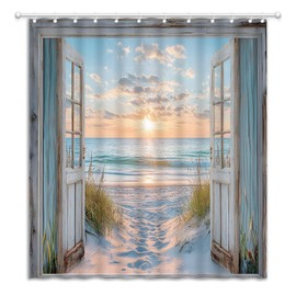 JEJOMEAG Tropical Beach Ocean Teal Barn Door Shower Curtain Coastal Sunset Nature Landscape Scenery Fabric Bathroom Decor Curtain with Hooks, 70Wx70H