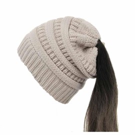 SHTGOI Ponytail Hat Wool Knitted Hat Soft Stretch Winter Hat with Loop Braids Hole Slouch Beanie Hat Chunky Knit Crochet Hat Warm Hat for Women and Girls with Long Hair, beige