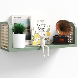 LUPWNEKA Green Rattan Wall Shelf, Wooden Hanging Bookshelf Storage, Cute Nursery Shelves Wall Mounted, Boho Decorative Floating Shelves for Kids Room, Living Room, Play Room, Bedroom