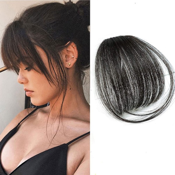 Clip in Air Bangs Remy Human Hair Extensions One Piece Front Neat Air Fringe Hand Tied Straight Flat Bangs Clip on Hairpiece for Women (Natural black)