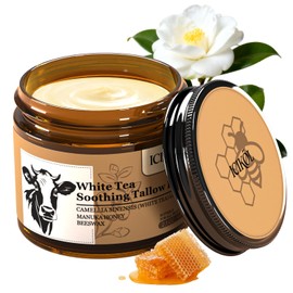 White Tea Grass-Fed Beef Tallow Balm for Men - Whipped Tallow Face Moisturizer & Beard Balm with Manuka Honey - Natural After Shave Care for Dry & Sensitive Skin, 2.1 oz