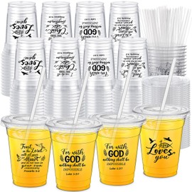 Jingmore 100 Pcs 12oz Inspirational Christian Gift Bible Verse Plastic Cups Bulk with Lids and Straws Religious Christian Disposable Cups for Church Party Favor Sunday School Church Baptism
