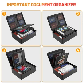 Fireproof Document Box with Lock, Hard Case Files Safe Organizer, 8-Layer Fireproof Water Resistant Safe Box, Portable Home Travel Safe Storage for Important Documents Passports Jewelry Cash (Black)