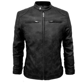 TZMAPU men's motorcycle PU leather jacket Punk style standing collar short jacket (Large, Black)
