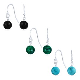 Simple Basic Gemstone Round 8 mm Pearl Ball Drop Earrings for Women Teenagers Secure French Fish Hook Wire Clasps .925 Sterling Silver Birthstones More Colours, Sterling Silver, Turquoise