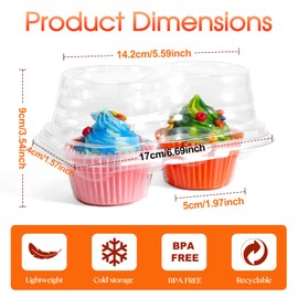 Cptoion 2 Compartment Cupcake Containers,50 Pcs 2 Cavity Cupcake Boxes,150 Pcs Mini Baking Cups,Stackable Deep Dome Cupcake Carrier Holder with Lid for Cupcakes Muffins Pies,BPA-Free