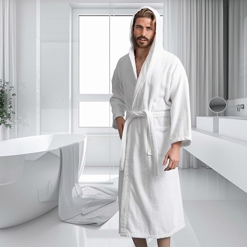 KAHAF COLLECTION Men's Terry Bathrobe with Hood, 100% Cotton Soft