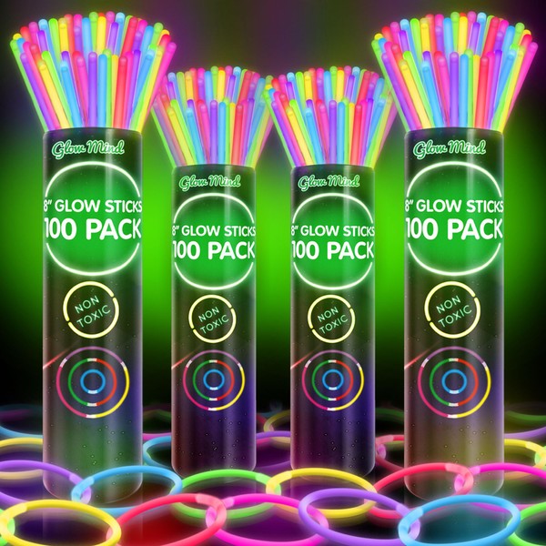 400 Ultra Bright Glow Sticks Bulk - Halloween Glow in The Dark Party Supplies Pack - 8" Glowsticks Easter Party Favors with Bracelets and Necklaces