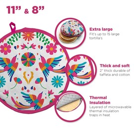 Paquete de 2 Tortilleros Térmicos Estampados, Dos Tortilleros para Microondas Tamaño Grande y Regular (White Birds Otomi)