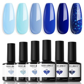 modelones Blue Gel Nail Polish Set 6 Colors, Royal Navy Sky Icy Klein Blue Glitter Gel Polish Kit Light to Dark Shades Soak Off All Seaones Nail Art Gel Salon DIY Manicure Gift for Women Girl