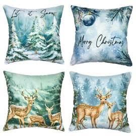 LYINUR Christmas Cushion Covers Set of 4, 18 x 18 Inch Christmas Decorations Throw Pillow Cover Xmas Sofa Cushion Covers Themed Santa Snowman Decorative Pillows Cases for Bedroom (45 x 45 cm)