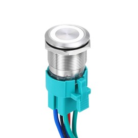 DMiotech 7/8 Inch Stainless Steel Latching Push Button Switch Flat Head 15A 110-220V Silver Shell 6 Pin with Cable Socket White Ring LED 2NO for Car Boat Systems Custom Setups