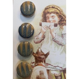 Set of 4~ Vintage 1/2"  Tan Blue painted Deco Glass Buttons ~NOS