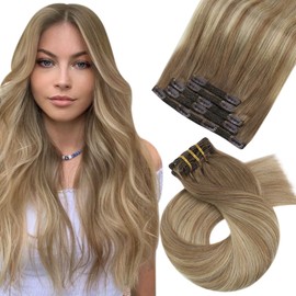 Moresoo Real Hair Extensions Clip Ombre Remy, Light Brown with Golden Blonde Balayage Clip-In Extensions, Double Wefts, 5 Pieces, 80 g, 25 cm, #8/22/8