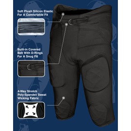 Exxact Sports Gladiator Mens Integrated Football Pants with Built-in Pads, Lightweight Ultra Flex Football Practice Pants (Black, AL)