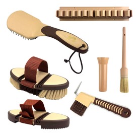 Putzset mit Gertenhalter für Pferde Pferdeputzzeug Pflege Fellpflege Flexible Kardätsche Striegel Massagebürste 2in1 Hufkratzer Mähnenbürste Pferdebürste Hufpinsel (Cappuccino Mokka Beige)
