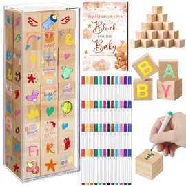 Tenceur 104 Pcs Baby Shower Game Sign Set Baby Shower Blocks to Decorate 54 DIY Blank Wooden Block 48 Watercolor Markers with Acrylic Box Set for Games Gender Reveals Party Supplies