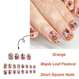 Fall Nails Square Press on Nails Short Fake Nails Nude Pink RIICFDD False Nails Pine Cone Maple Leaf Pattern Stick on Nails Reusable Full Cover Autumn Acrylic Nails for Women Artificial Nails 24 Pcs