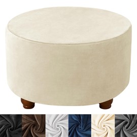 HFCNMY Round Ottoman Cover - Thick Velvet Slipcover with Elastic Bottom - Beige Large