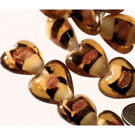 Platinum Bead, Lampworked Glass Brown Honey White 14-15mm Heart 0.8-1.5mm Hole 1 Std(26)*