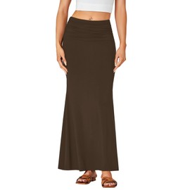 LYANER Women's Fold Over Waist Maxi Skirt Lightweight Floor Length Flared Long Skirts Brown Medium