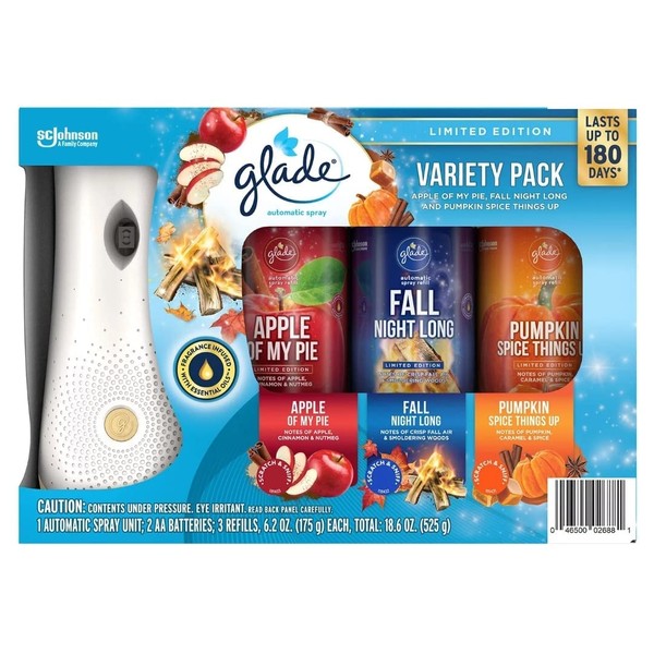 Glade Automatic Spray Kit Limited Edition Fall Variety Pack (Apple of My Pie, Fall Night Long, and Pumpkin Spice Things Up)