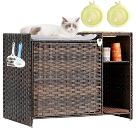 Gitelsnour Cat Litter Box Enclosure, Litter Box Furniture Hidden with Washable Cat Mat, Cat Litter Mat, 2 Feeding Bowls, 2 Hooks, Shelf, Handwoven Rattan Cat Condo, Brown GCLB002BR