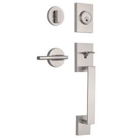 Nuk3y Haven Modern Handleset Front Door Entry Handle and Deadbolt with Reversible Inside Lever Trim (Round Thor Lever Trim, Satin Nickel)