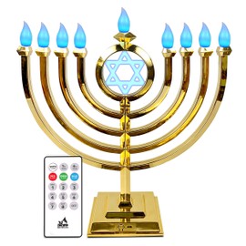 Ner Mitzvah LED Electric Hanukkah Menorah - Color Changing LED Traditional Classic Chanukah Menorah with Remote - Battery or USB Powered - USB Cord Included - Gold