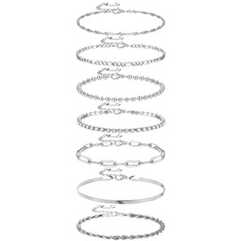 Krfy 7 Pieces Bracelet for Women 14 Carat Gold-Plated Silver Bracelet Set Stainless Steel Figaro Cuban Tennis Chain Herringbone Pearl Snake Stackable Silver Gold Bracelets Set for Women Jewellery