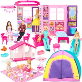 Style Shine Doll House Portable & Foldable Dollhouse w/ 60+ Pcs & 2 Dolls, Play House Toy with Bedroom Kitchen Pet House Camping Playset, Playhouse Birthday Gift for Girl Kid Toddler