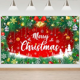 Lecheme Merry Christmas Backdrop 6x4 ft Christmas Banner Red Green Christmas Photo Backdrop Jingle Bell Christmas Background Backdrop Christmas Party Decorations