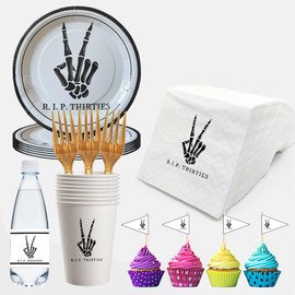 SharkBliss RIP Thirties Party Supplies 240 PCS – Paper Cocktail Napkins Party Cups Water Bottle Labels Toothpick Flags Drinking Straws Gift Tags Forks Plates for Death to My 30s 40th Birthday