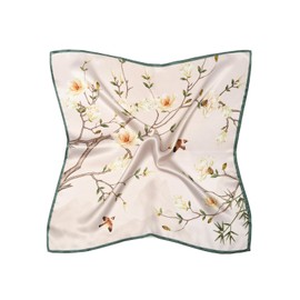 MayTree 100% Mulberry Silk Scarf - Square Magnolia White 53 x 53 cm - Luxurious Women's Neckerchief - Elegant Bandana Scarf for Women - Luxury and Comfort for Adults, White