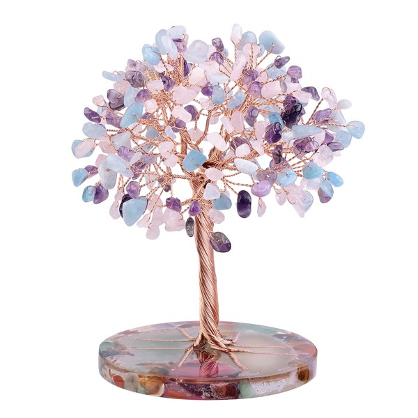 Nupuyai Amethyst & Rose Quartz & Aquamarine Crystal Stone Money Tree Wrapped on Round Orgone Agate Slices Base, Tree of Life Crystal Bonsai Feng Shui Figurine Decor for Wealth and Luck 4.7-5.5 Inches