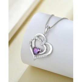 Guesma Purple Amethyst Double Heart Pendant Necklace for Women - Solid Sterling Silver 18K White Gold Plated Created Birthstone Anniversary Jewelry