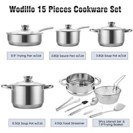 Wodillo 15-Piece Cookware Set,Stainless Steel Pots and Pans Set, Nonstick Frying Pans