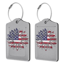 2 Pack American Flag Sunflowers Luggage Tag for Suitcases,Luggage Tags PU Leather Bag Travel Suitcase ID Identifier Baggage Tags for Women Men Travel