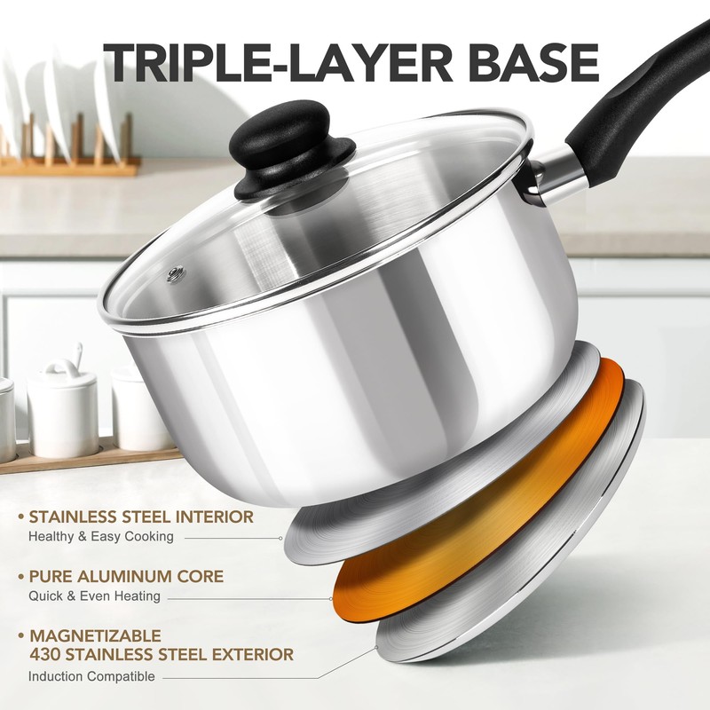 MICHELANGELO Stainless Steel Saucepan with Lid 6pcs, Triply Base Stainless