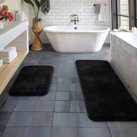 MIULEE Microfiber Bathroom Rugs and Mats Sets 2 Pieces Extra Thick Non Slip Bath Mat Absorbent Soft Shaggy Washable Quick Dry Rug for Bath Room Floor Restroom, 16"x24"+16"x48", Black