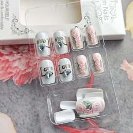 24Pcs Valentines Press on Nails Short Square Fake Nails Romantic Love with Blue Heart Rhinestones Full Cover Glue on Nails Artificial Rose False Nails Stick on Nails for Women Girls Acrylic Nails