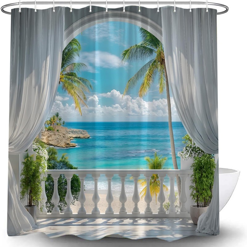 HUSPWP Ocean Beach Shower Curtain, Tropical Hawaiian 70x70IN