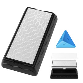 Double-sided Diamond Sharpening Stone,Knife Sharpening Stone with Extra Fine 600/Coarse 200 Grit Diamond Plate, Storage Case with Non-Slip Base & Angle Guide(7 x 3.5 Inch)